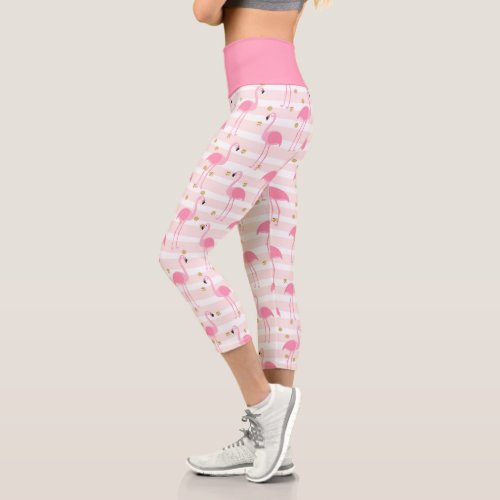 Pink Flamingo Stripe Pattern Capri Leggings