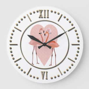 Pink Flamingo stylish heart love Large Clock