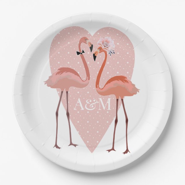 Pink Flamingo stylish heart love sweet Paper Plates (Front)