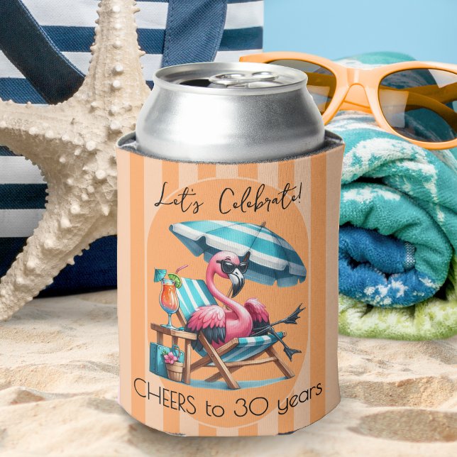 Pink Flamingo Summer Birthday Party Stripes Can Cooler (Creator Uploaded)