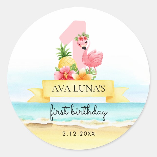 Pink Flamingo Summer Girl 1st Birthday Classic Round Sticker (Front)