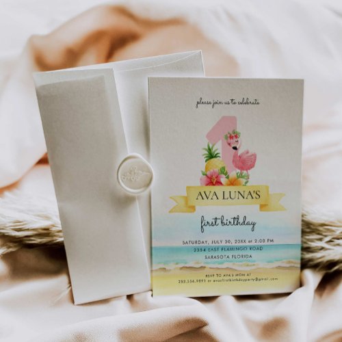 Pink Flamingo Summer Girl 1st Birthday Invitation