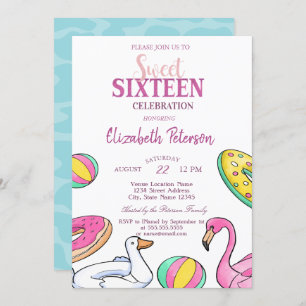 Pink Flamingo Summer Pool Sweet 16 Party Invitation