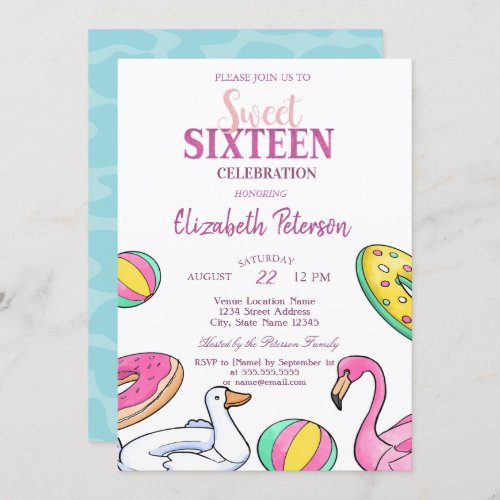 Pink Flamingo Summer Pool  Sweet 16 Party  Invitation