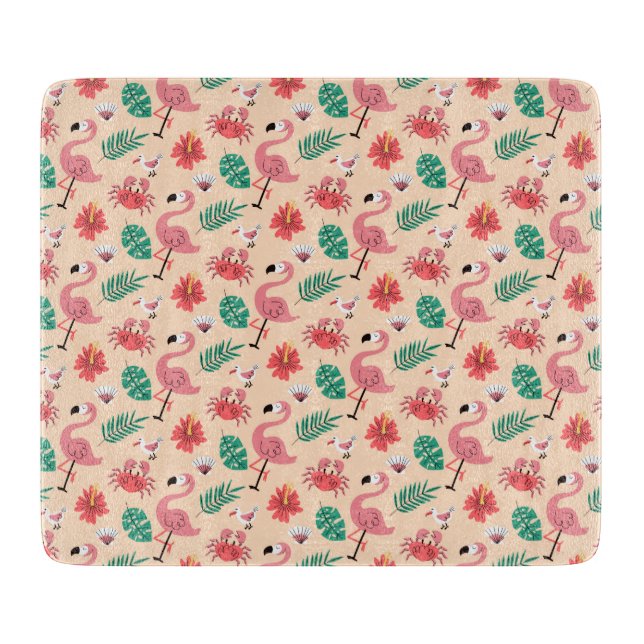 Pink Flamingo Summer Tropical Pattern Cutting Board (Front)