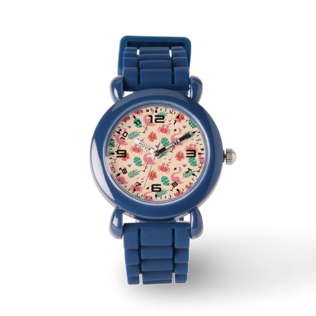 Pink Flamingo Summer Tropical Pattern Watch (Front)