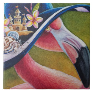 Pink Flamingo Sun Hat Hermit Crab Watercolor Art Ceramic Tile