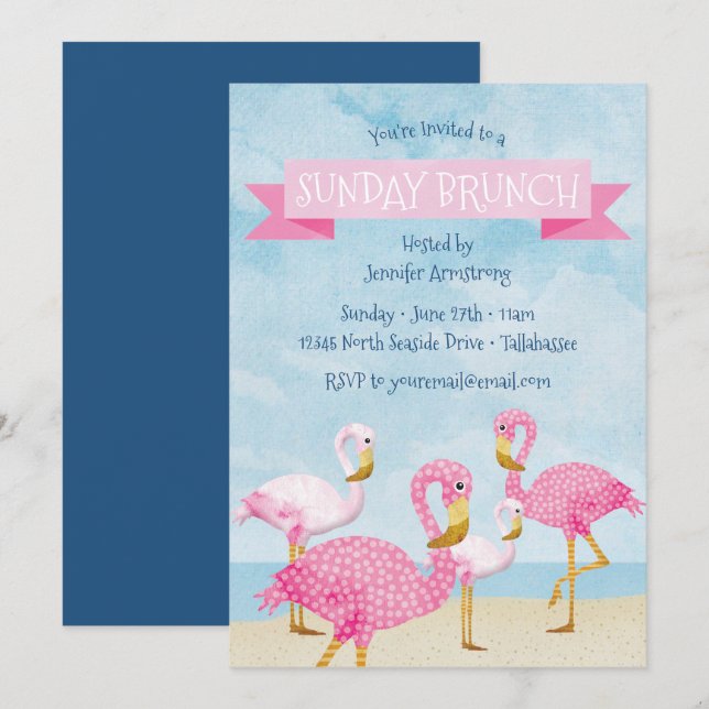 Pink Flamingo Sunday Brunch Party Invitation (Front/Back)