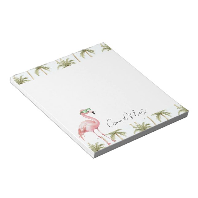 Pink Flamingo Sunglasses Palm Trees Good Vibes Notepad (Angled)
