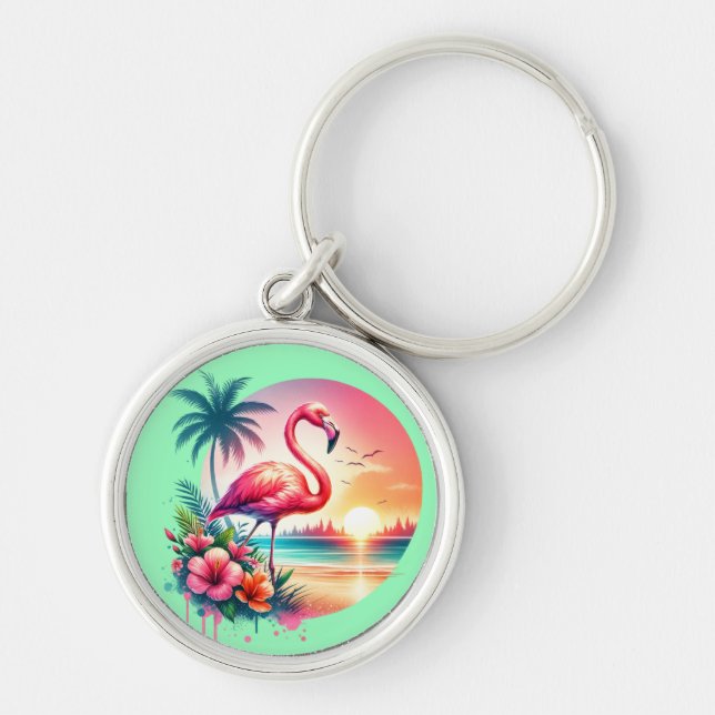 Pink Flamingo Sunset Clipart-93938 Keychain (Front)