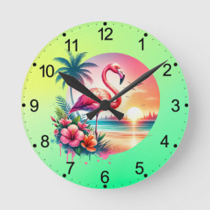 Pink Flamingo Sunset Clipart-93938 Round Clock