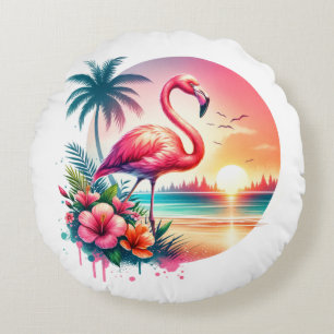 Pink Flamingo Sunset Clipart-93938 Round Pillow