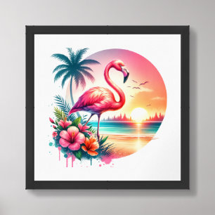 Pink Flamingo Sunset Clipart  Framed Art