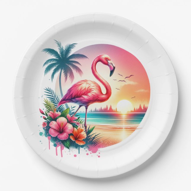 Pink Flamingo Sunset Clipart  Paper Plates (Front)