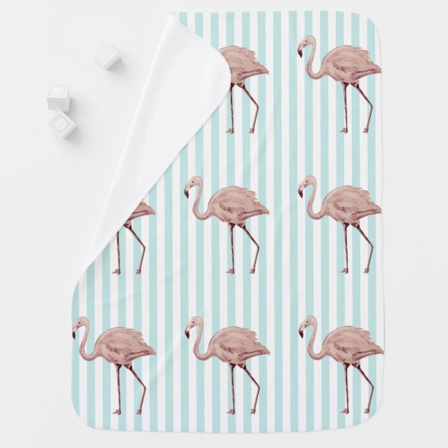 Pink Flamingo Teal Stripe Baby Blanket (In Situ)