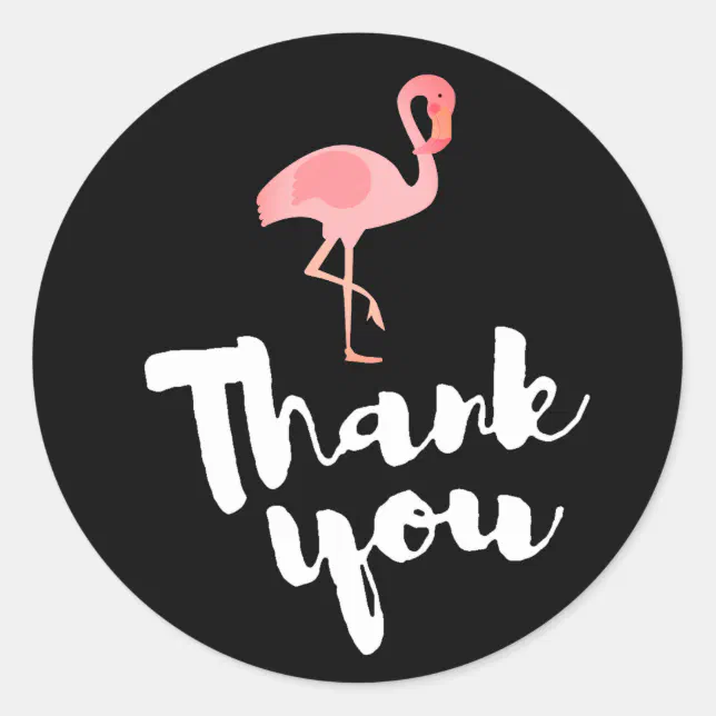 pink flamingo thank you on black classic round sticker | Zazzle