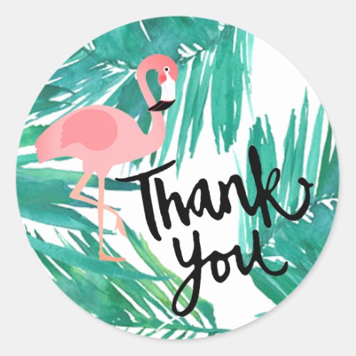 pink flamingo thank you on tropical green leaves classic round sticker