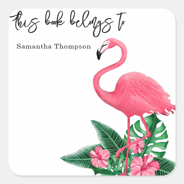 Pink flamingo - this book belongs to square sticker (Front)