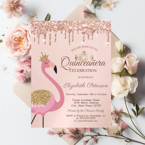 Pink FlamingoTiara Rose Gold Drips Quinceaera Invitation