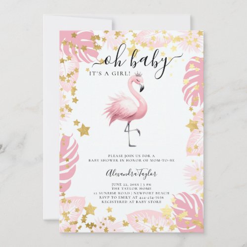 Pink Flamingo Tiara Star Tropical Girl Baby Shower Invitation