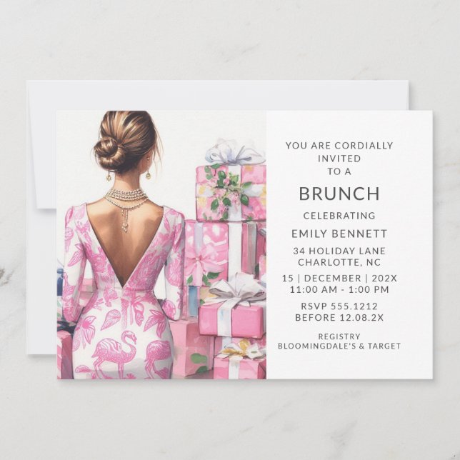 Pink Flamingo Toile Brunch Bridal Shower Invitation (Front)