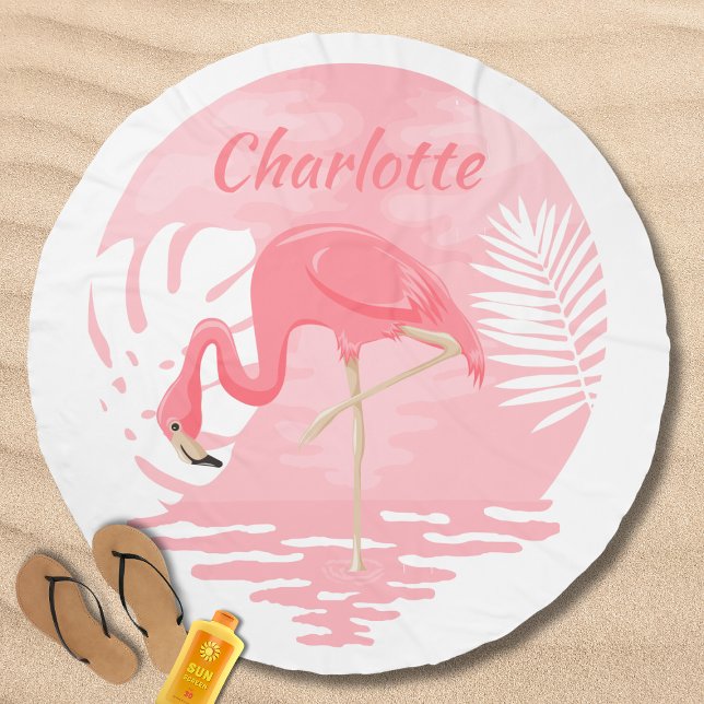Pink Flamingo Troical Floral Personalized Name Beach Towel (Creator Uploaded)