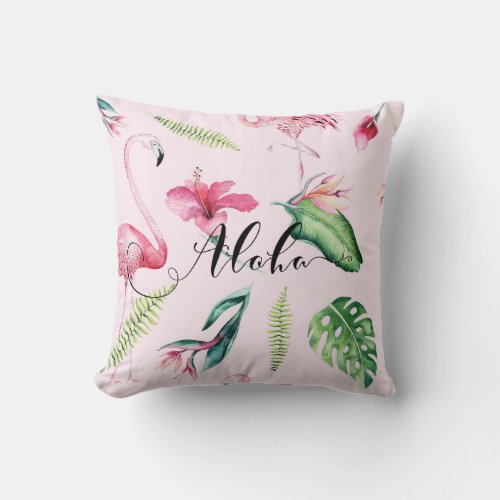 Pink Flamingo Tropical Aloha Hibiscus Summer Throw Pillow