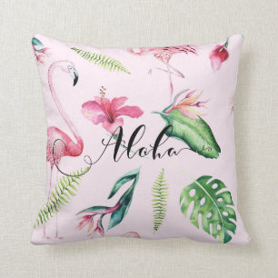 Pink Flamingo Tropical Aloha Hibiscus Summer Throw Pillow
