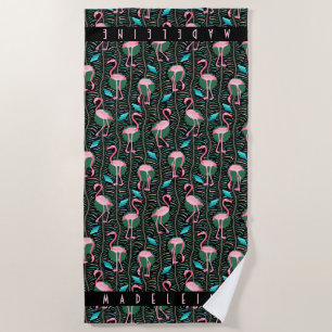 Pink Flamingo Tropical Art Deco Retro Black Custom Beach Towel