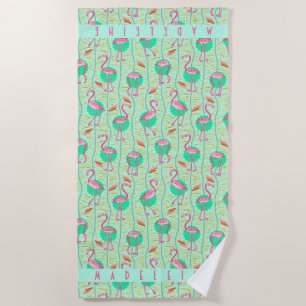 Pink Flamingo Tropical Art Deco Retro Green Custom Beach Towel
