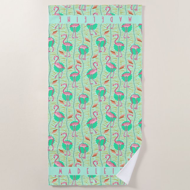 Pink Flamingo Tropical Art Deco Retro Green Custom Beach Towel (Front)