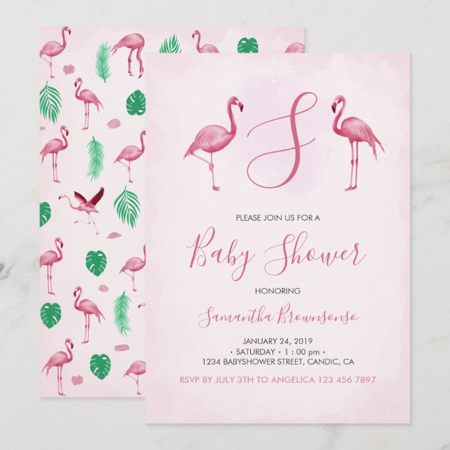 Pink Flamingo Tropical Baby Shower Invitation (Front/Back)