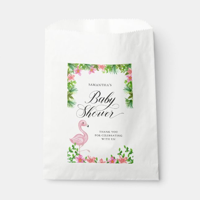 Pink Flamingo Tropical Baby Shower Thank You Favor Bag (Front)