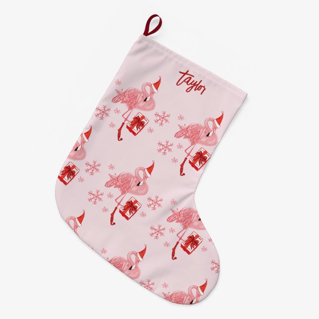Pink Flamingo Tropical Beach Bird Christmas Custom Large Christmas Stocking (Front (Hanging))