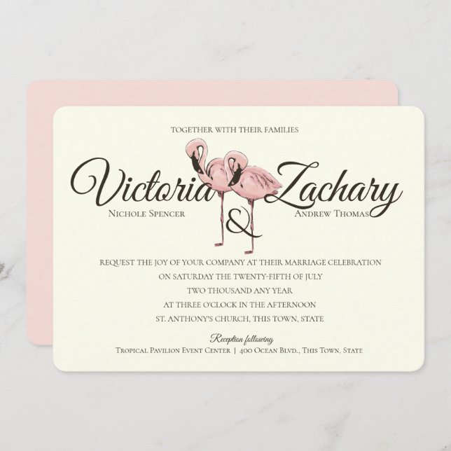 Pink Flamingo Tropical Beach Wedding Invitation (Front/Back)
