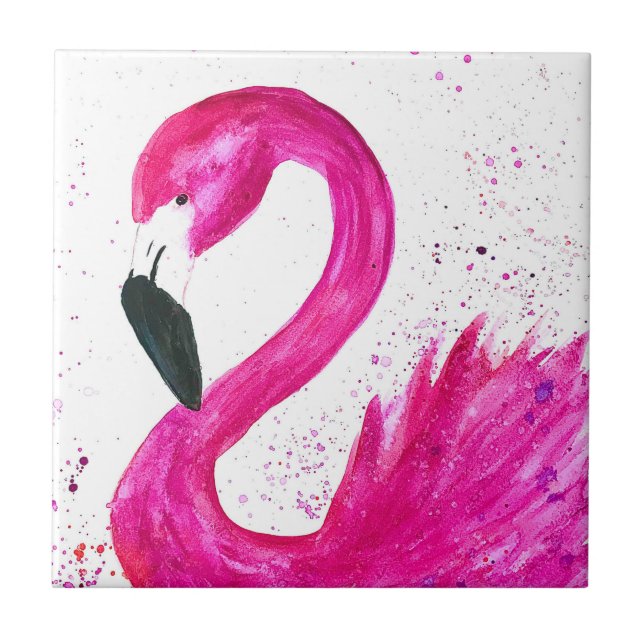 Pink flamingo Tropical bird Watercolor Pretty  Ceramic Tile (Front)