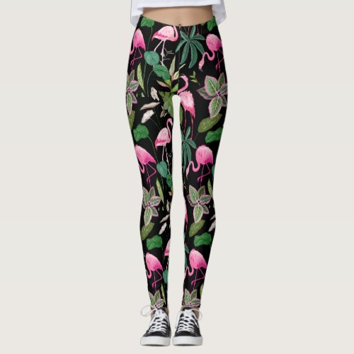 Pink Flamingo Tropical Botanical Black Background Leggings