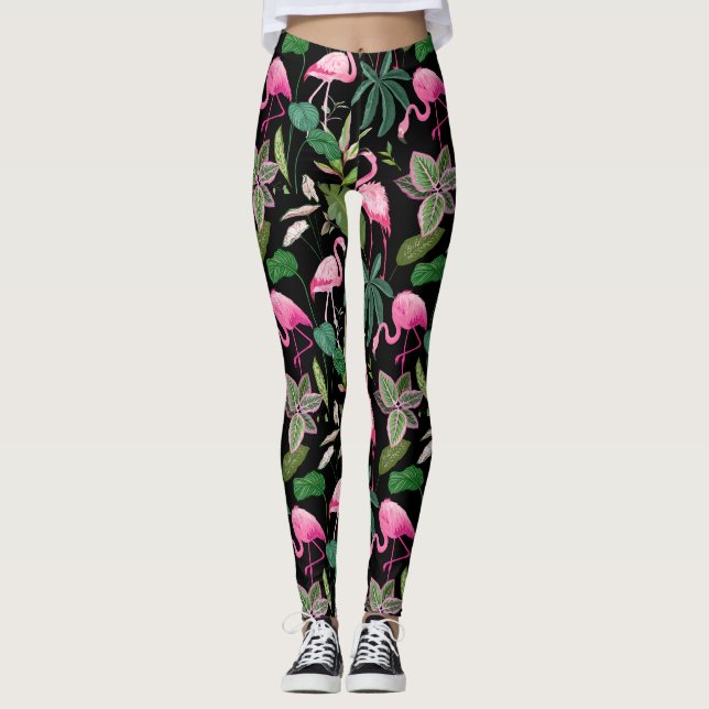 Pink Flamingo Tropical Botanical Black Background Leggings (Front)