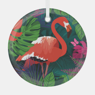 Pink Flamingo: Tropical Butterfly Harmony. Glass Ornament