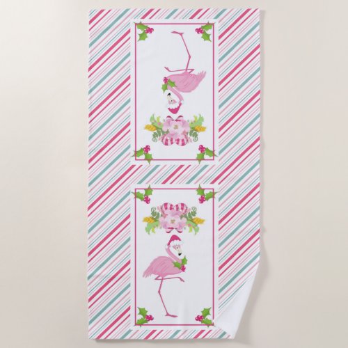 Pink Flamingo Tropical Christmas Beach Towel