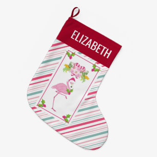 Pink Flamingo Tropical Christmas Large Christmas Stocking