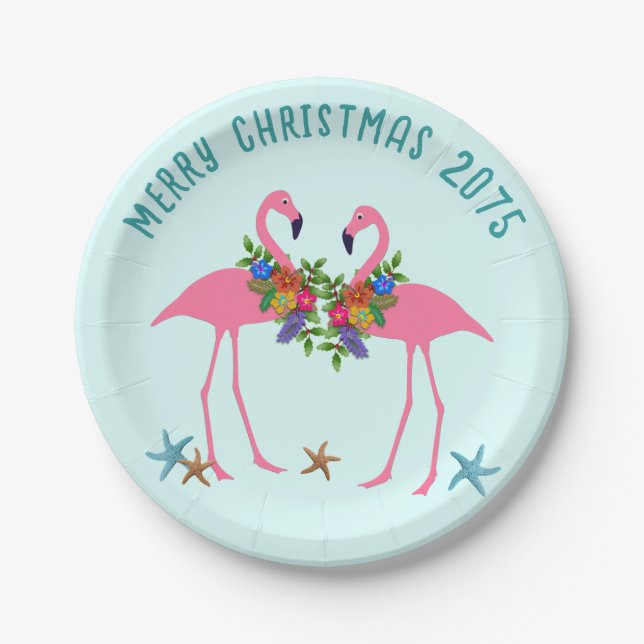 Pink Flamingo Tropical Christmas Message Paper Plates (Front)