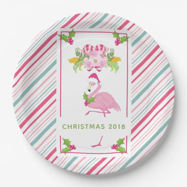Pink Flamingo Tropical Christmas Paper Plates (Front)