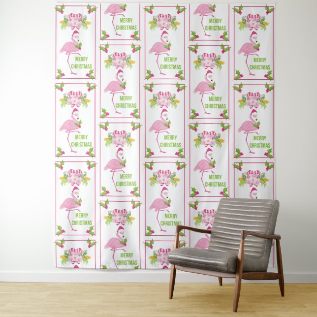 Pink Flamingo Tropical Christmas Pattern Tapestry (In Situ)