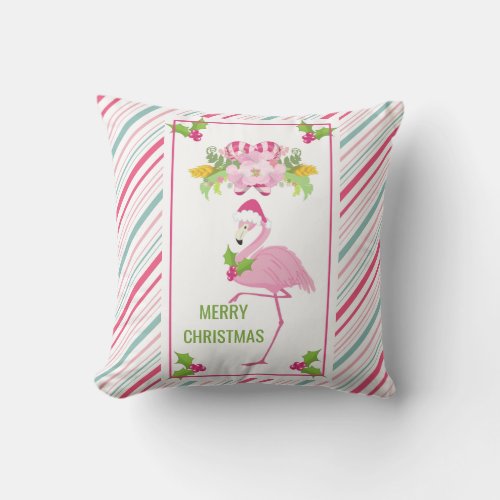 Pink Flamingo Tropical Christmas Throw Pillow