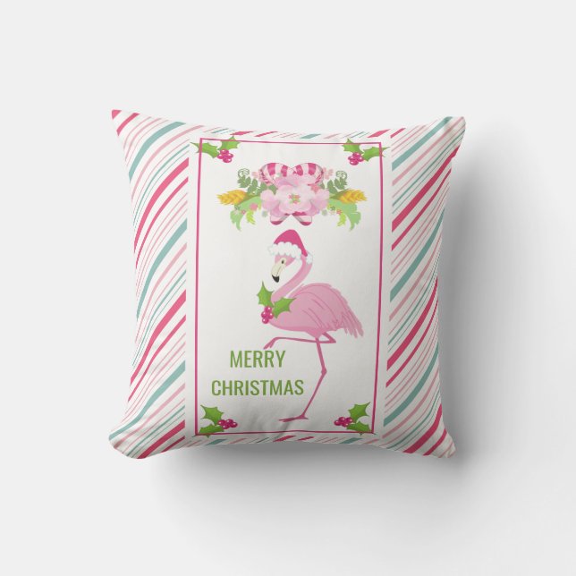 Pink Flamingo Tropical Christmas Throw Pillow (Front)