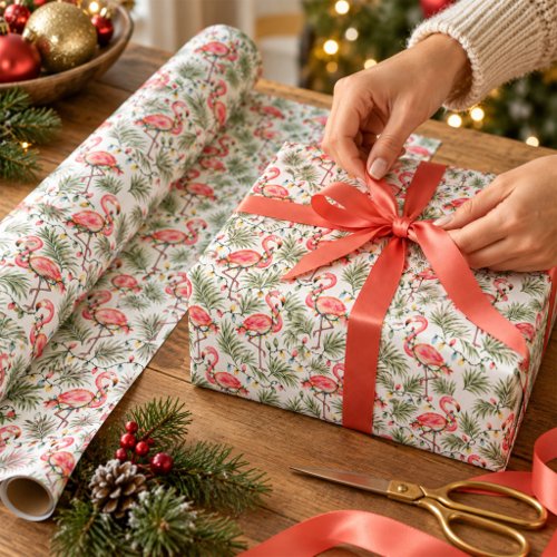 Pink Flamingo Tropical Christmas Watercolor Palms Wrapping Paper