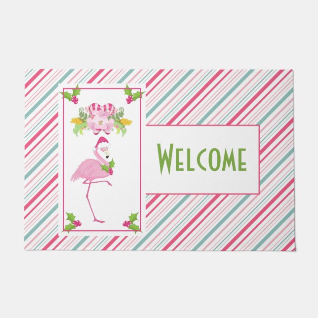 Pink Flamingo Tropical Christmas Welcome Doormat (Front)