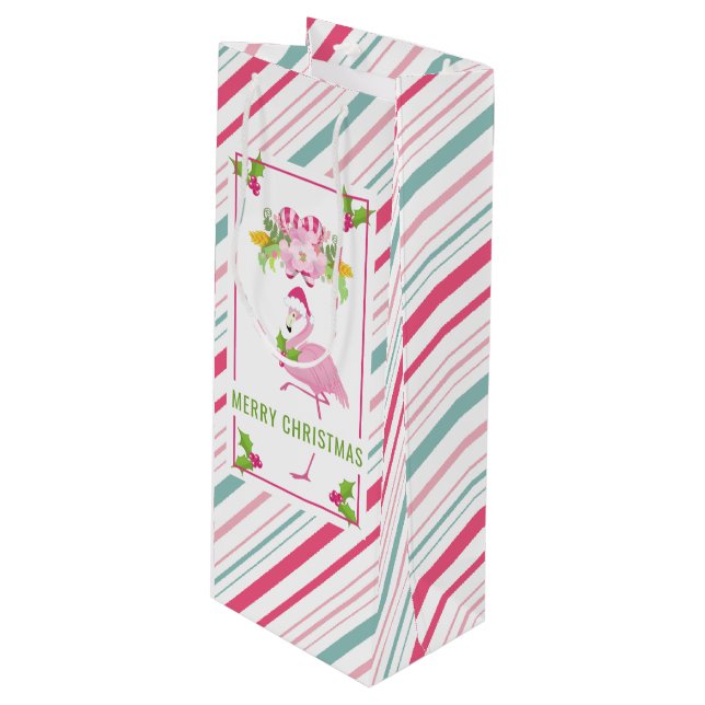 Pink Flamingo Tropical Christmas Wine Gift Bag (Front Angled)