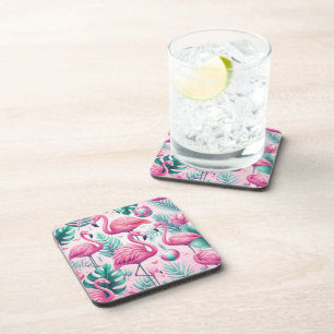 Pink Flamingo Tropical Design Beverage Coaster